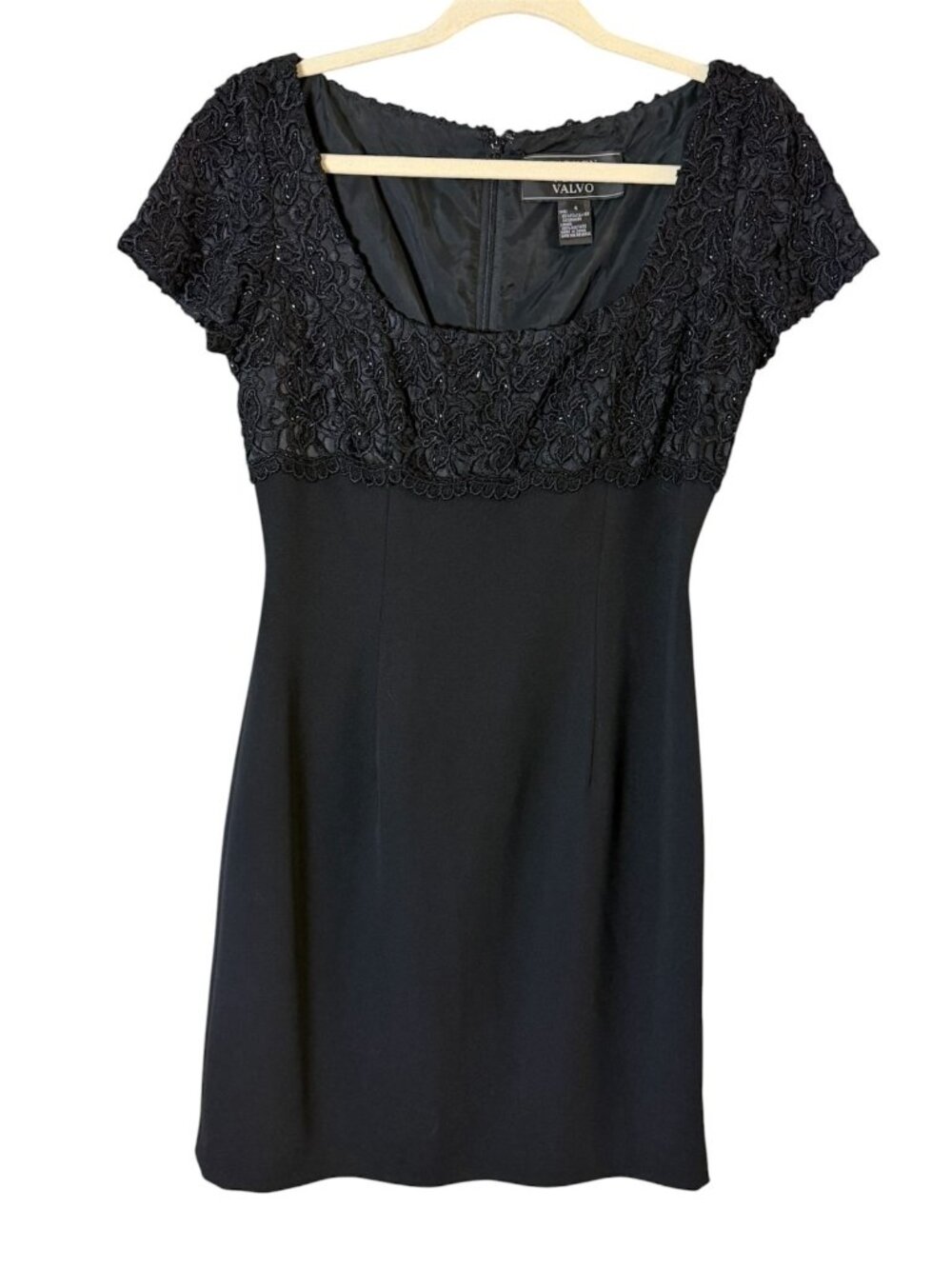 VTG CARMEN MARC VALVO Black Beaded Sequin Lacey Dress Women Size 4 Empire Waist